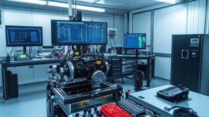 Canvas Print - Engine Performance Testing - Image of a test lab with an engine on a performance testing rig, various monitoring equipment around, showcasing automotive research and innovation.