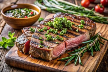 A steak with parsley and green peas on top of a wooden cutting board