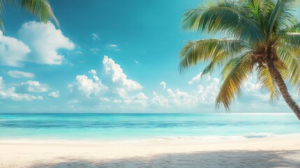 Beautiful tropical beach panorama with calm white sand and coconut palm trees, idyllic travel and tourism background for vacation and relaxation