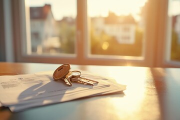 Close-up of house keys on a countertop with blurred background, real estate agent documents, sunny window light