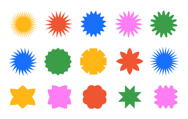 Poster - Colorful set of starburst shapes, sale price tag, sun icon or label isolated on a white background.  Vector illustration