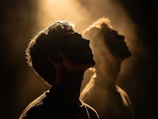 Two silhouettes with face paint illuminated by dramatic lighting.