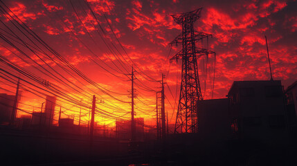 At sunrise, the huge high-voltage transmission tower