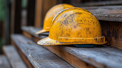 Worn yellow hard hats on wooden bench, construction site safety equipment