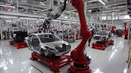 Poster - Industrial Robot Arm Assembling Cars in Factory Setting
