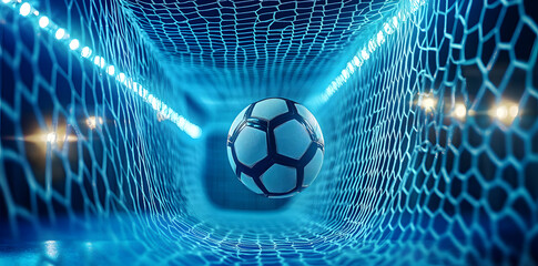 Poster - A soccer ball atop a goal net in a blue-white lined tunnel, surrounded by lights