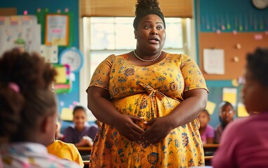 Happy sunny back to school poster. Class time in primary or middle school, children sitting and listening to a black obese female teacher giving a lesson. Happy childhood banner. Diversity concept