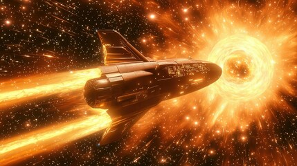 Poster - Spaceship Emerging from Wormhole with Dazzling Light