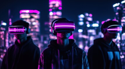 Poster - Futuristic neon cyberpunk skyline, ultra-realistic VR reality AI style, filled with high-tech skyscrapers, people in VR headsets