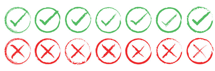 Poster - Check mark or tick mark and cross with brush signs, green check mark/OK and red X icons, symbols YES and NO button for vote, decision, election choice - vector