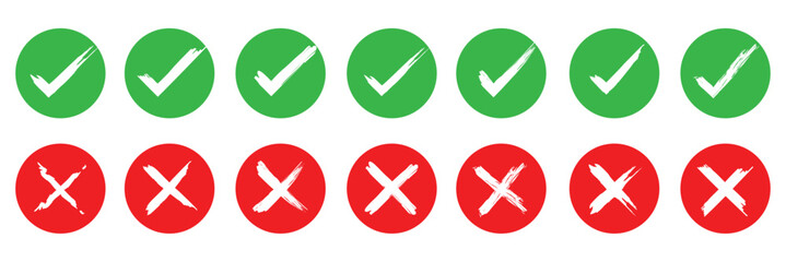 Poster - Check mark, tick and cross brush signs, green check mark OK and red X icons, symbols YES and NO button for vote, decision, election choice - vector