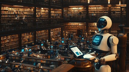 Poster - Futuristic Robot Librarian Assisting Patrons in Library