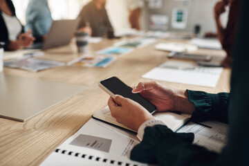 Aufkleber - Documents, hands and phone with business person at table in boardroom of office for meeting or planning. App, information and social media with employee typing text message on mobile in workplace