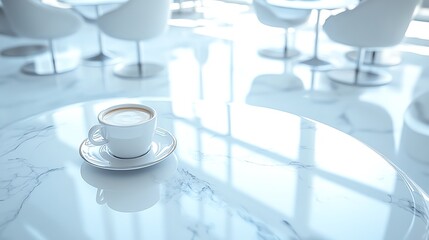 Coffee cup on marble table in a bright and modern cafe setting.