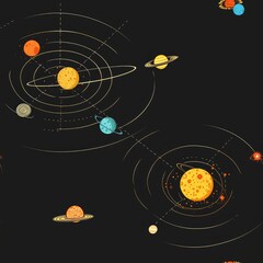 Wall Mural - a seamless pattern with multiple solar systems in a dark space.