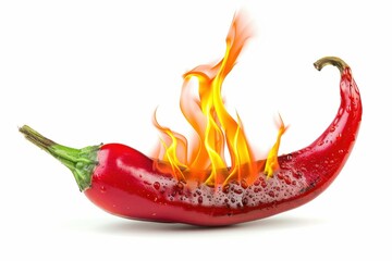 Red chili pepper, vibrant flames, hot spice, cooking ingredient, fresh produce, isolated on white background, bright colors, intense flavor, culinary heat, food photography with dynamic elements