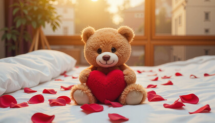 Teddy bear with a heart, romantic mood, sitting on a bed with rose petals, cozy background for Valentine's Day