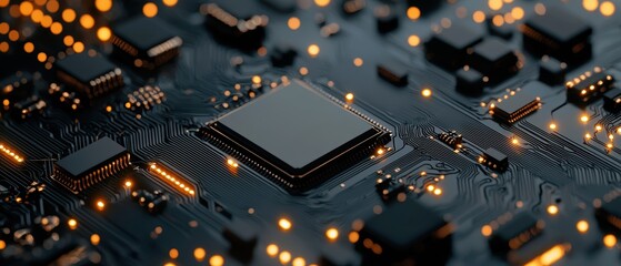 Wall Mural - Close-up view of a microprocessor on a circuit board, illuminated by glowing LEDs, against a dark background.