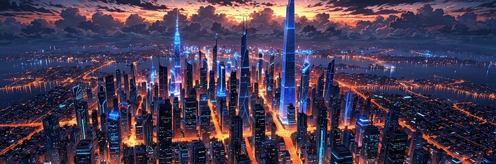 Futuristic anime skyline with advanced technology tall towers and bright city glow