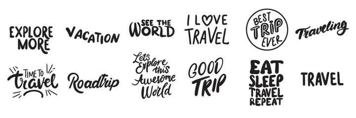 Wall Mural - Collection of text lettering about travel. Hand drawn vector art.