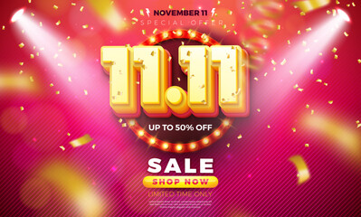 11 November Shopping Day Flash Sale Design with 3d 11.11 Number, Light Bulb Billboard and Stage Podium on Red Background. Vector Special Offer 50 Percent Off Campaign Discount Illustration for Coupon