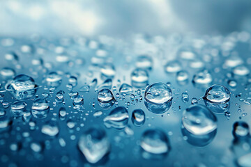Wall Mural - abstract background with water drops on glass, macro photo of air bubbles in a gray blue sky, textur