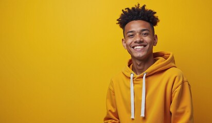 Young man with cheerful smile posing confidently against vibrant yellow background with copy space