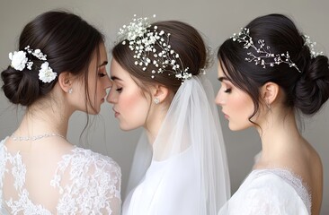 Three different wedding hairstyles for women, each showcasing their unique style and beauty