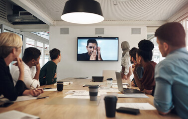 Poster - Group, video conference and team for communication in business meeting or company in office. Tech, people and diversity with screen for discussion, collaboration or staff in project management agency