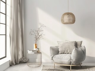 A cozy living room interior with a comfortable armchair. a side table. and a stylish pendant light. bathed in sunlight streaming through a window