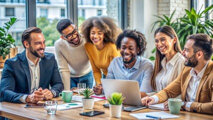 Portrait of a diverse office people group talking and enjoying teamwork during staff meeting. Happy multiracial coworkers have fun working together at office brainstorming. Diversity and inclusivity.