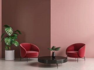 Two red armchairs and a black coffee table in a modern living room with a brown and pink wall