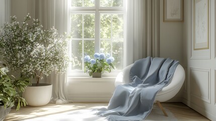 Poster - Cozy Interior with Plush Chair and Blooming Hydrangeas