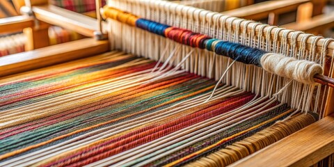 Wall Mural - Close-up view of textile weaving with wool thread yarn on a loom, weaving, loom, textile, wool, fiber, thread, fabric