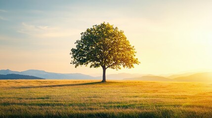 Fototapete - Isolated tree on green field during sunset with mountains in the background.