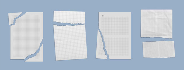 Poster - Torn paper sheets set isolated on background. Vector realistic illustration blank crumpled notebook pages with uneven edges, damaged wrinkled piece of document or letter, worn notepaper mockup