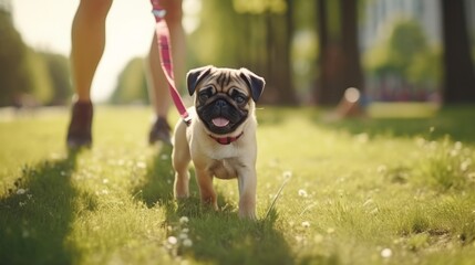 Pug owner leads puppy on leash on the grass