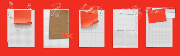 Poster - blank memo note paper glued with transparent adhesive tape. white, brown and red flat and crumpled r