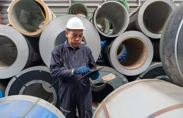 A worker checks a tablet in front of large rolls of metal. Safety gear is worn for protection in the workplace.