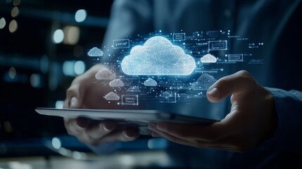 A person holds a tablet displaying a glowing cloud icon, symbolizing cloud computing and data connectivity.