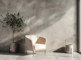 Minimalist living room interior design with a comfortable armchair. potted plant. and a concrete wall The sunlight casts shadows on the wall. creating a sense of tranquility and spaciousness