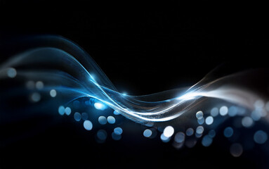 Poster - A wave of blue light flows across a black background, with bokeh circles scattered below.