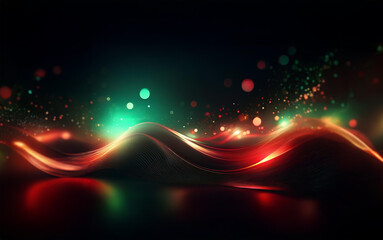 Abstract wavy lines with glowing particles in shades of red and green against a dark background.