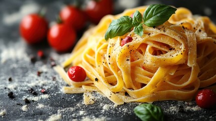 A plate of fettuccine pasta garnished with basil and cherry tomatoes.