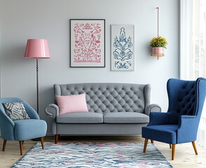 A modern living space with a grey couch, blue chair, and a decorative poster.