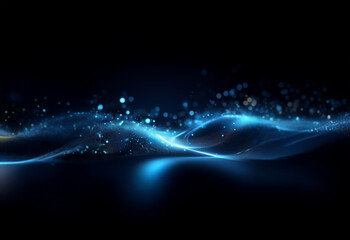 Poster - Abstract digital art with a blue glow and shimmering particles against a black background.