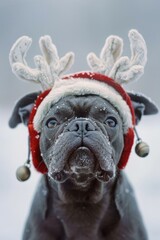 Poster - A dog wearing a Santa hat and reindeer antlers. AI.