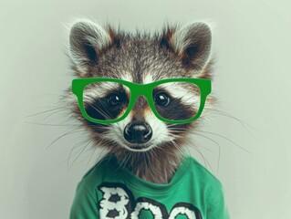 Sticker - A raccoon wearing green glasses. AI.