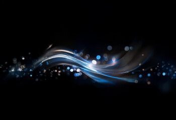 Poster - Abstract blue and silver waves with bokeh lights on black background.