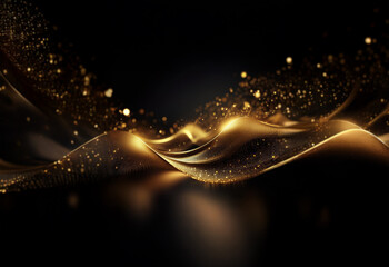 Aufkleber - Abstract black background with a golden wave and sparkling particles.